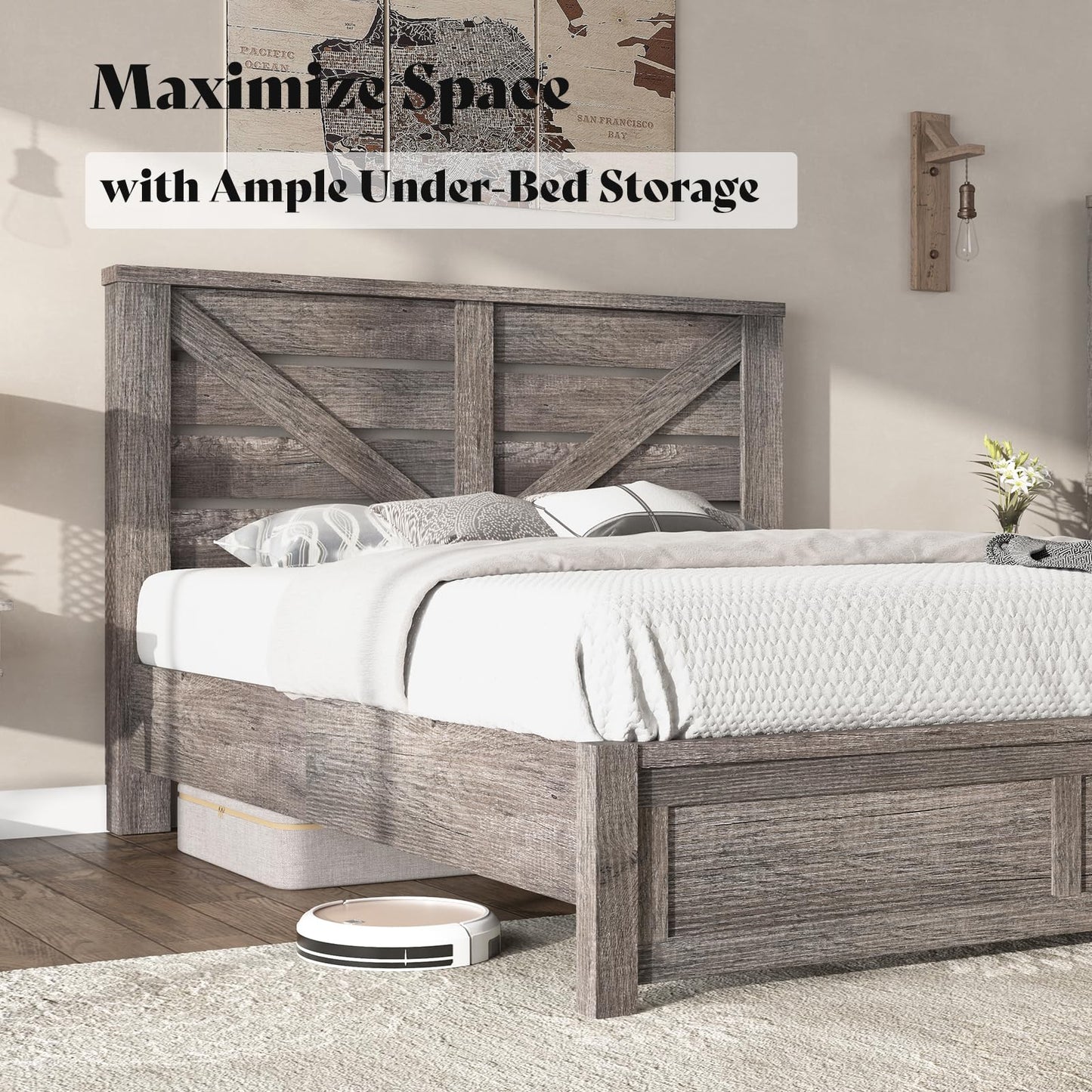 AMERLIFE Rustic Gray Farmhouse Bed Frame with Barn Door Headboard and Under-Bed Storage - WoodArtSupply