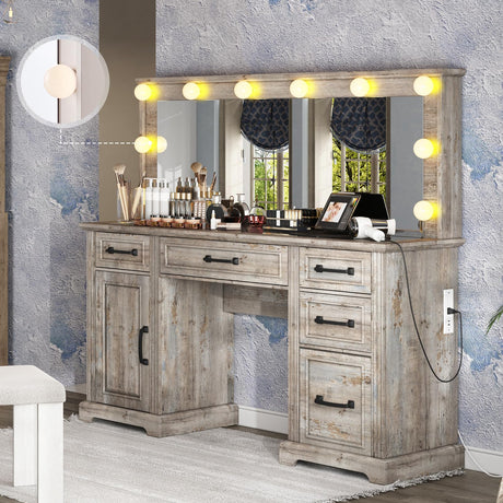 AMERLIFE 55.1" W Makeup Vanity with Hollywood Mirror, Glass Top Vanity with 5 Drawers & Adjustable Cabinet & Charging Station, 10 Detachable Light Bulbs, Bedroom/Salons, Light Oak AMERLIFE