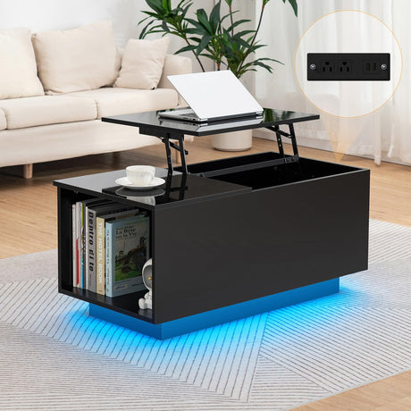 HOMMPA Lift Top Coffee Table with Charging Station Black Led Coffee Table with Storage Hidden Compartment Modern Coffee Table with Lift Top Center Table with LED Light for Living Room Home Office HOMMPA