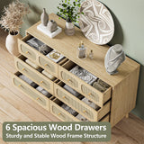 SINROM 6 Drawer Double Dresser for Bedroom, Rattan Dresser with Gold Handles, Boho Chest of Drawers with Deep Drawers for Living Room SINROM