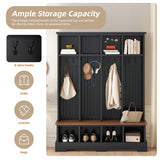 75''H Farmhouse Hall Tree With Bench And Shoe Storage, Entryway Bench With Open Compartments Coat Rack, 8 Shoe Cubbies & 8 Coat Hooks, For Mudroom, Hallway Storages Cabinet, Living Room (Black) PurityVow