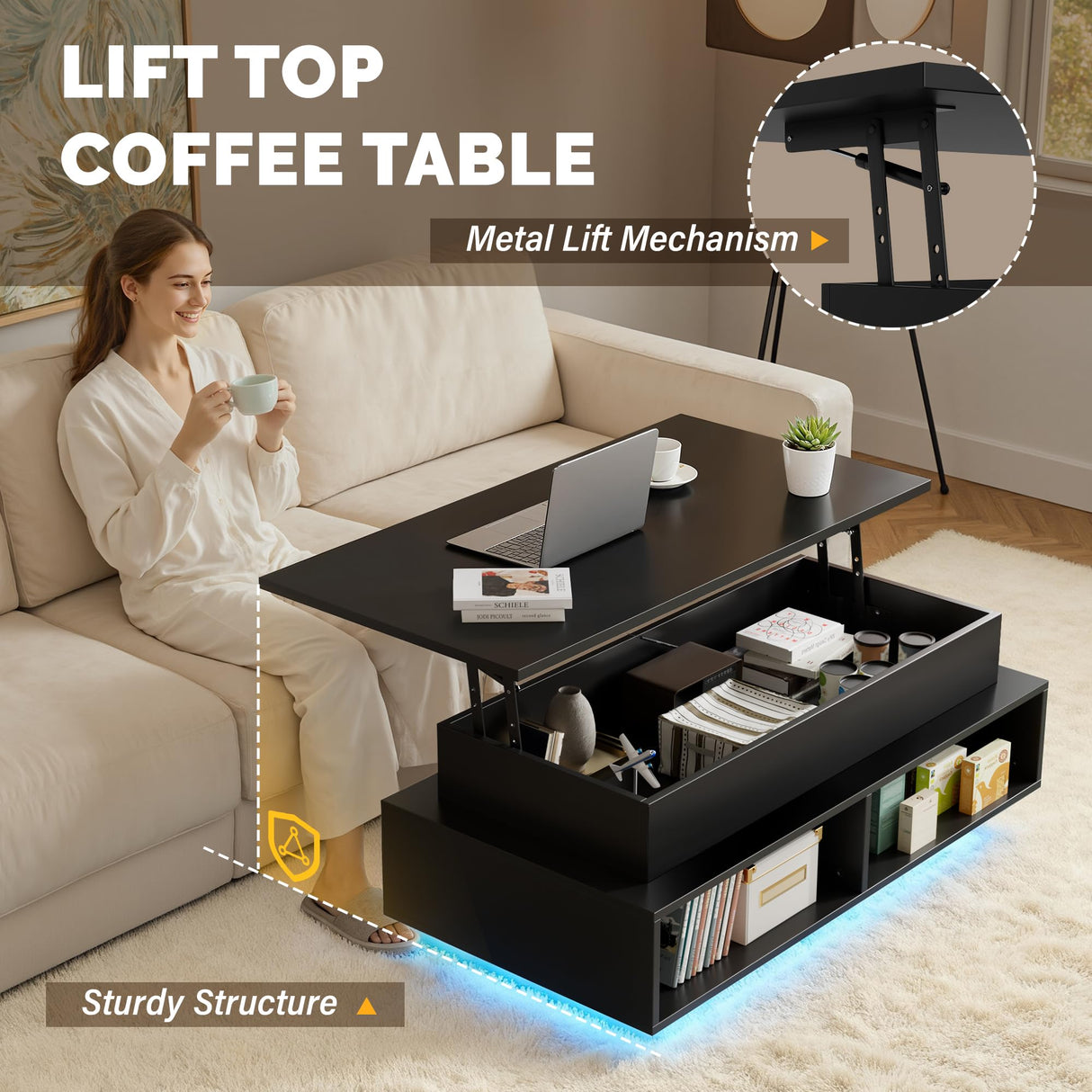 YESHOMY 40" Lift Top Coffee Table with Hidden Storage & Multi-Color LED Lights, Modern Square Wood Table with 4 Open Shelves for Living Room and Small Space, Black YESHOMY