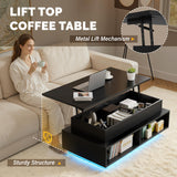 YESHOMY 40" Lift Top Coffee Table with Hidden Storage & Multi-Color LED Lights, Modern Square Wood Table with 4 Open Shelves for Living Room and Small Space, Black YESHOMY
