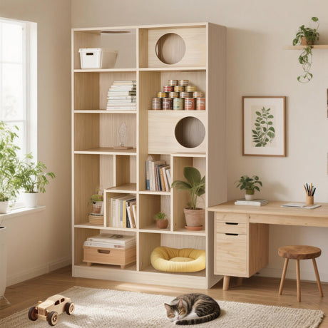 Merax Pet Theme Bookcase 5 Tier Storage Shelves for Cat Lover, Furniture Style Cat Tree Shelves with Round Hollow Door, Multiple Storage Spaces, L-35.4", H-63.5”, Natural Color Merax