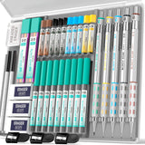 Nicpro 36PCS Blocky Gear Mechanical Pencil Set with Case, Metal Mechanical Pencils 0.3, 0.5, 0.7, 0.9, 2mm Lead Holder for Art Drawing Sketching with 21 Tubes (6B 4B 2B HB 2H 4H Colors) Lead Refills Nicpro