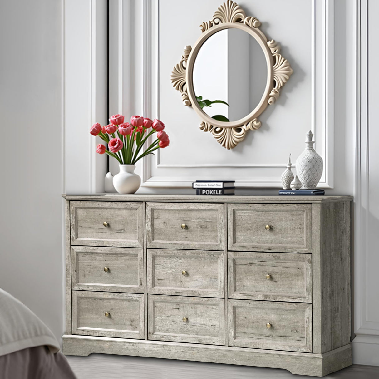 LOUVIXA Farmhouse Dresser 9 Drawer, Bedroom Chest of Drawers, Dressers with 9 Drawers, Wooden Dressers for Bedroom, Living Room, Tv Stand, Entryway (Grey-9 Drawers) LOUVIXA