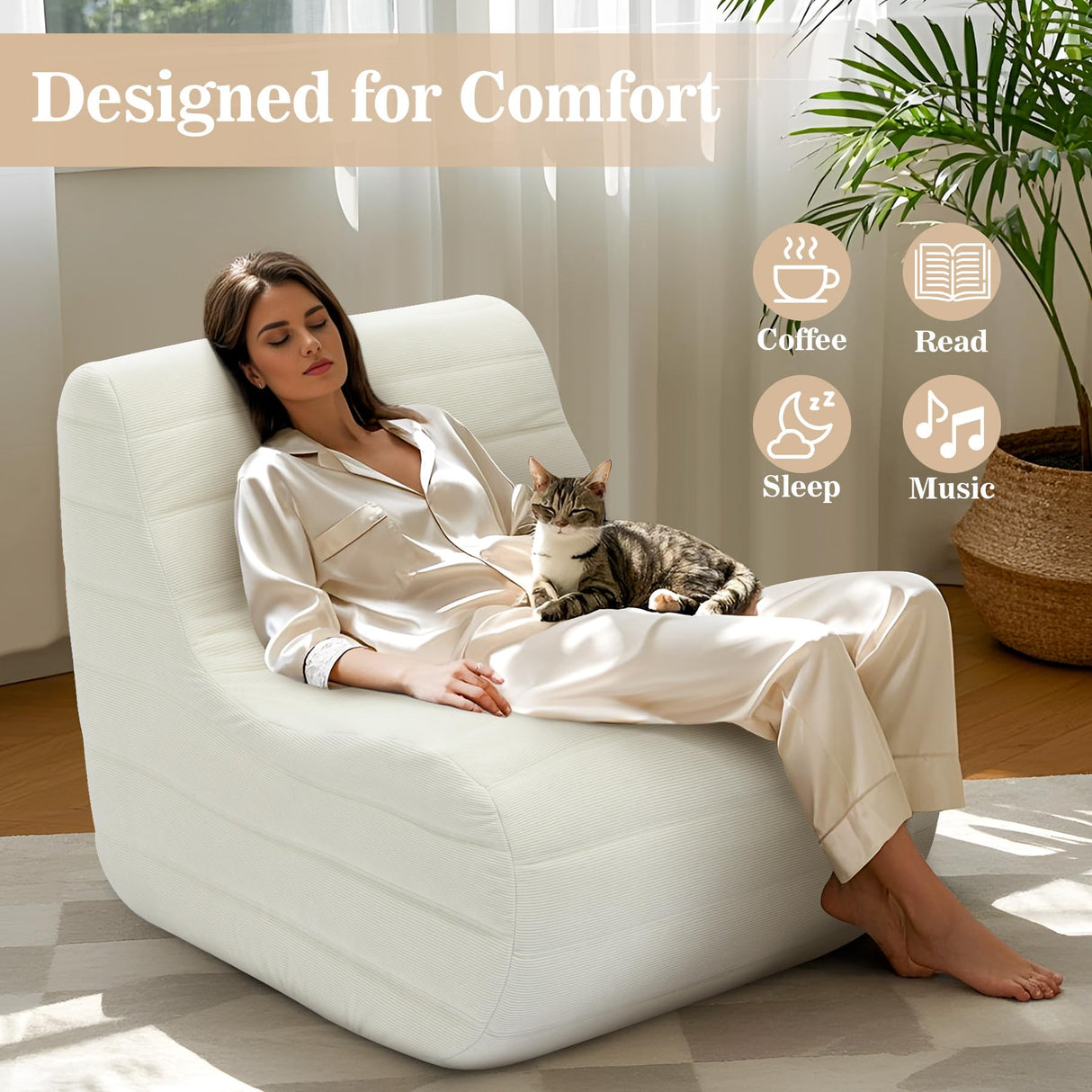 KKdema Bean Bag Chair, Fireside Bean Bags Lazy Sofa Sack, Big Beanbag Chair Floor Couch, Memory Foam Lounge Chair for Bedroom, Living Room, Office and Home, White KKdema