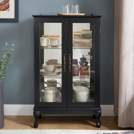 Eyisean 44" H Lighted Glass Display Cabinet with Glass Doors, Wooden Curio Cabinet with 3 Adjustable Shelves, Mirrored Back Panel, Arched China Cabinet for Living Room, Light Bulb Included (Black) Eyisean