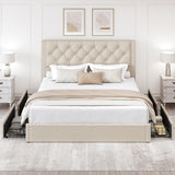 LARMACE Queen Size Bed Frame with 4 Storage Drawers and Tufted Headboard Linen Upholstered Platform Bed Frame with Heavy Duty Wood Slats, No Box Spring Needed, Easy Assembly, Beige LARMACE