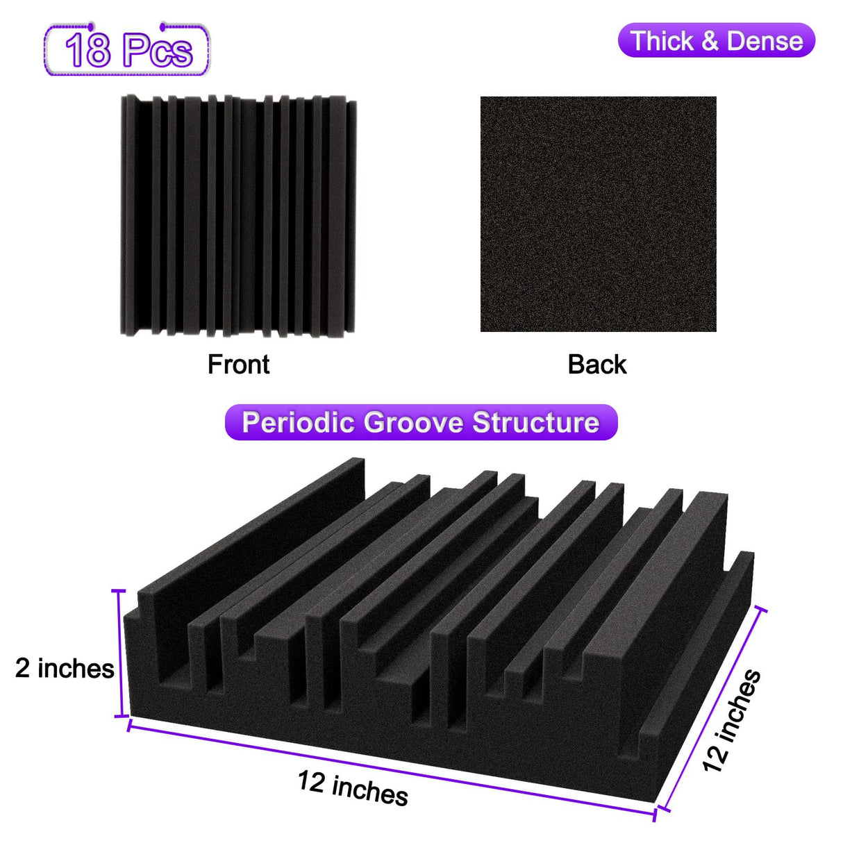 TroyStudio Thick Acoustic Foam Panels, 12 X 12 X 2 Inch 18 Pcs Broadband Sound Absorbing Foam, Dense Soundproof Padding Tile, Recording Studio Foam Absorber, Groove Decorative 3D Wall Ceiling Panel TroyStudio