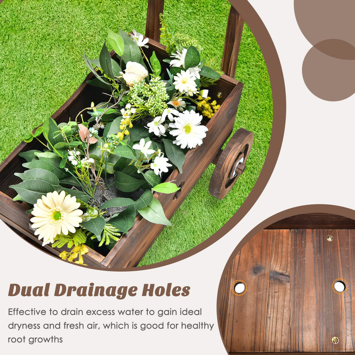 HAPPYGRILL Wagon Flower Planter Cart, 4-Wheel Wood Garden Wagon Decor with 2 Drainage Holes, Movable Flowerpot Holder Stand, Indoor Outdoor Raised Plant Bed HAPPYGRILL