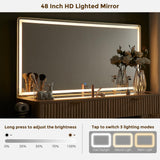 T4TREAM 48" Fluted Makeup Vanity Desk with Large Led Lighted Mirror, Modern Vanity Table with 8 Drawers & Charging Station, Glass Top Dressing Table for Bedroom, Natural Oak T4TREAM