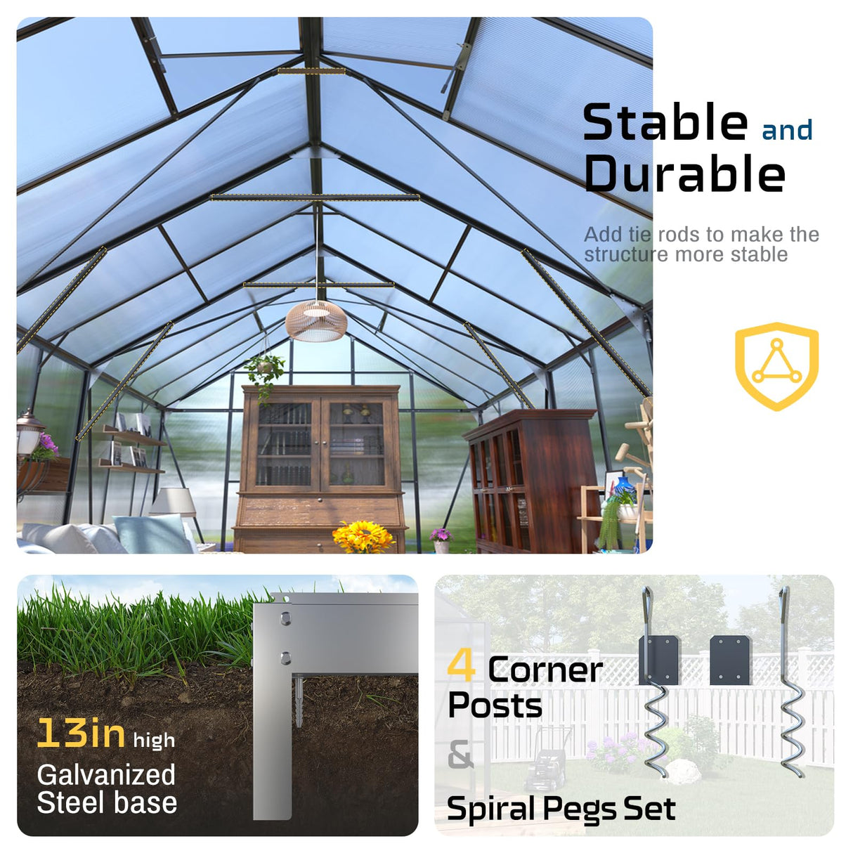 HOWE 10x16x10 FT Polycarbonate Greenhouse 6.3FT Added Wall Height Walk-in Large Aluminum Greenhouse Double Swing Doors 4 Vents, Sunroom Winter Greenhouse for Outdoors, Black HOWE