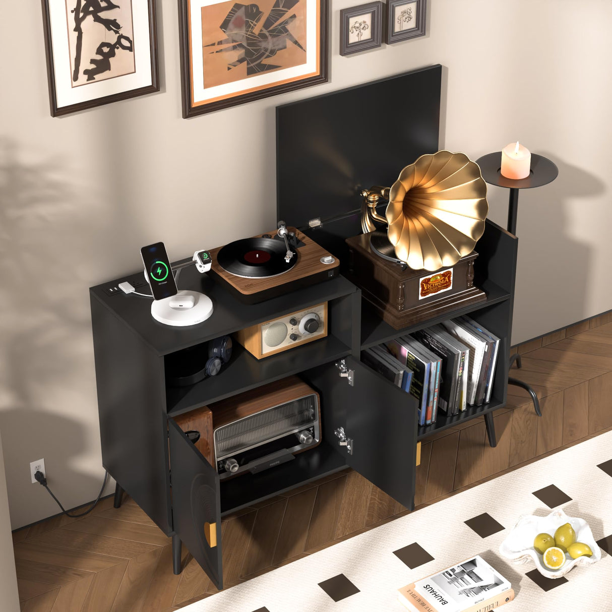 Fiogmub Large Record Player Stand, Mid Century Turntable Stand with Door, Record Player Table Holds Up to 350 Albums,Vinyl Display Shelf for Bedroom Living Room Fiogmub