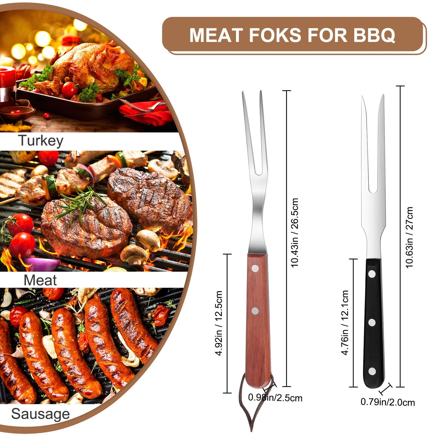 2 Pieces Meat Fork Stainless Steel Carving Fork with Wood Handle Cooking Fork BBQ Fork Grill Fork Steak Fork for Kitchen Barbecue Serving Cooking Grilling Roasting 10.5 Inches, Round Handle