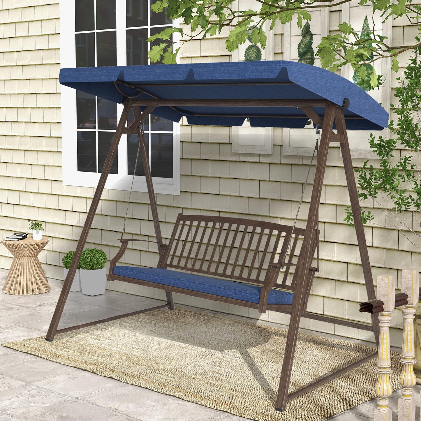 Grand Patio Porch Swing, Outdoor 2-Seat Patio Swing Chair, Adjustable Tilt Canopy, with Removable Cushion, Weather Resistant Powder Coated Painted Woodgrain Frame, Farmhouse Style-Dark Blue - WoodArtSupply