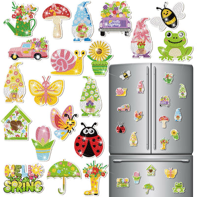 Saillong 20 Pcs Spring Diamond Painting Magnets Flower Butterfly Bee Gnomes Sunflower Diamond Art Magnets Kits Refrigerator Magnetic Stickers for Fridge Home Adults DIY Crafts