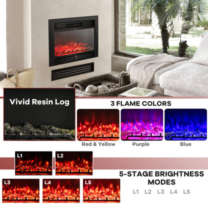 GLACER 28.5'' Electric Fireplace Insert, Recessed & Freestanding with Adjustable Flame Color Timer, Indoor Heater w/Remote Control (750W/1500W) Black…