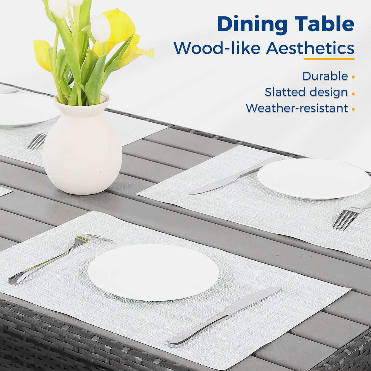 Wisteria Lane Outdoor Patio Furniture Set, 7 Piece Outdoor Dining Sectional Sofa with Dining Table and Chair, All Weather Wicker Conversation Set with Ottoman,Blue Wisteria Lane