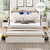 Hasuit Farmhouse Bed Frame California King Size with Storage Bookcase Headboard, Wooden Cal King Bed with LED Lights, Charging Station, 2 Drawers, Country Rustic Bed Frame with Sliding Barn Door Hasuit