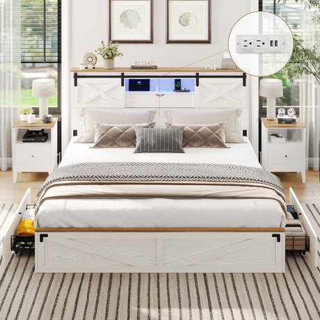 Hasuit Farmhouse Bed Frame California King Size with Storage Bookcase Headboard, Wooden Cal King Bed with LED Lights, Charging Station, 2 Drawers, Country Rustic Bed Frame with Sliding Barn Door Hasuit