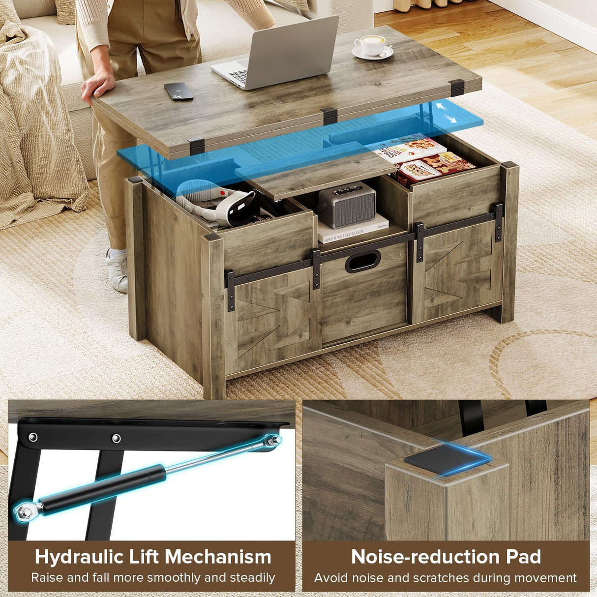 Memobarco 40" Farmhouse Lift Top Coffee Table with Sliding Barn Door,4 in 1 Multi-Function Coffee Tables with Storage Drawers & Hidden Compartment,Converts to Dining Table for Living Room,Grey Memobarco