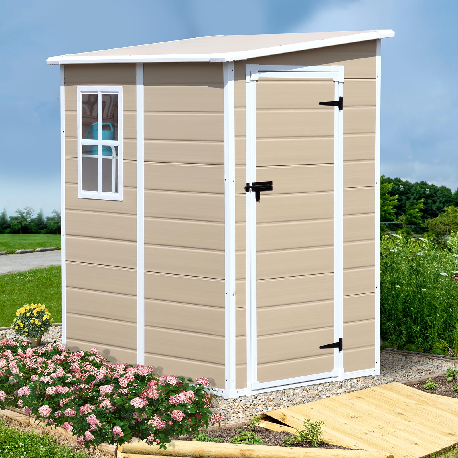 SELLERWE 5x4 FT Outdoor Storage Shed, Waterproof Resin Storage Shed with Floor & Window & Lockable Door, Tool Shed for Garden Patio, Backyard - WoodArtSupply