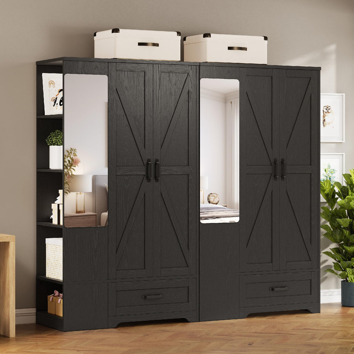 LIKIMIO Armoire Wardrobe Closet 70 Inches, Large Storage with Mirror, 2 Doors, Drawer, and Shelves, Modern Bedroom Freestanding Wooden Wardrobe Combination with Hanging Rail, Black LIKIMIO