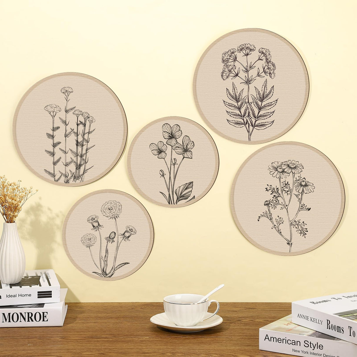 Qunclay 5 Pcs Wall Art Decor Wooden Living Room Wall Decor Bohemian Hanging Farmhouse Geometric 10'' and 8'' Aesthetic Wood Minimalist Posters for Bedroom(Floral) Qunclay