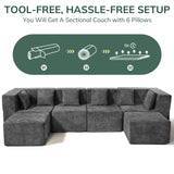 MONVANE Modular Sectional Cloud Couch for Living Room - 130'' 4 Seater Convertible Chenille Couches Set with Ottoman, No Assembly Compression Sofas, Comfy Floor Sofa with Memory Foam, Dark Grey MONVANE