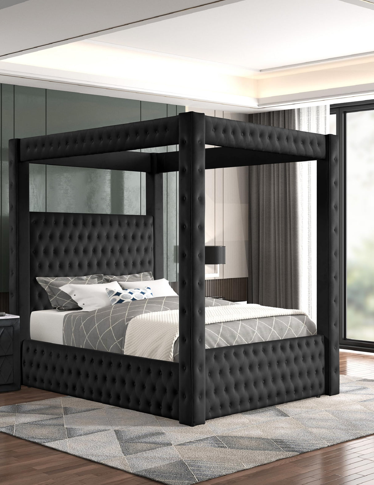 Velvet Canopy Bed Frame King - Upholstered Four Poster Bed Frame with Tufted Headboard and Footboard, Luxury Bed Frame with Wood Slats for Bedroom Furniture, Box Spring Required, Black Wirktive
