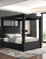 Velvet Canopy Bed Frame King - Upholstered Four Poster Bed Frame with Tufted Headboard and Footboard, Luxury Bed Frame with Wood Slats for Bedroom Furniture, Box Spring Required, Black Wirktive