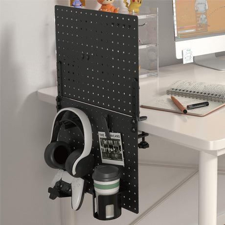 HUHOLE 32 x 12 inch Clamp On Desk Pegboard, Black Metal Desktop Organizer, Desk Accessories for Gaming & Office, Versatile Clamp-On Pegboard for Organization and Storage HUHOLE