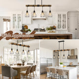 4-Light Kitchen Island Lighting, 63" Adjustable Height Pendant Light Fixtures Black Metal & Rustic Wood Modern Dining Room Chandelier Over Table with E26 Base for Farmhouse Bar SIAFAVOI