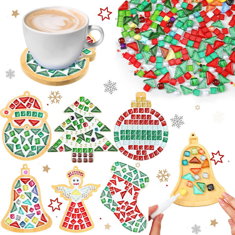 Qinyoung 6 Sets Christmas DIY Mosaic Tiles for Crafts Mixed Color Glass Mosaic Kits Xmas DIY Coasters Kit Make Your Own Stained Glass Mosaic Tiles Coaster for Handmade Home Holiday Decoration Gift Qinyoung