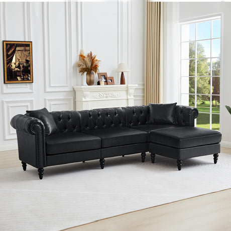 AVZEAR Chesterfield L Shaped Sofa Modular, Sectional Leather Couch with Ottoman and Pillow, Modern Sofa Bed PU Deep Seat Sofas Living Room Furniture Sets for Living Room, Bedroom and Apartment, Black AVZEAR
