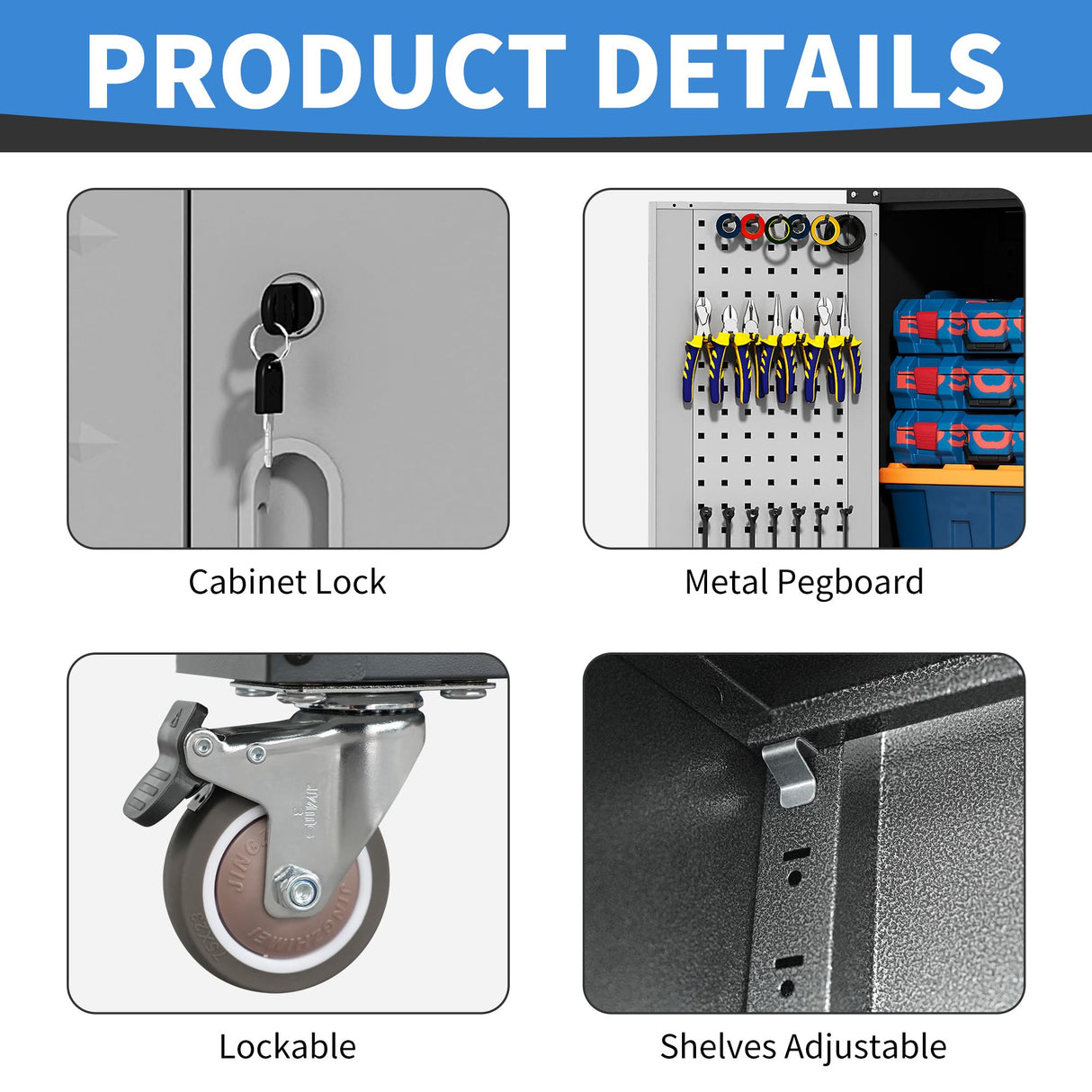 BIZOEIRON 71''H Garage Metal Storage Cabinet,Tall Cabinet with Doors,Black Garage Storage Cabinet with 3 Adjustable Shelves and Wheels,Rolling Tool Storage Cabinet for Warehouse, Office, Garage BIZOEIRON