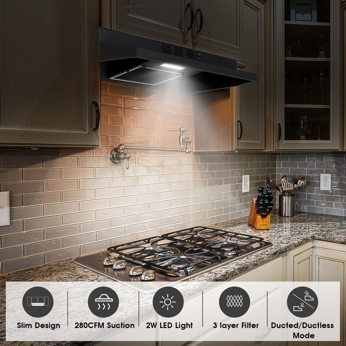 Zomagas Under Cabinet Range Hood 30 inch, Ducted/Ductless Convertible Kitchen Stove Hood, Stainless Steel Vent Hood w/Rocker Button Control, 2 Speeds Exhaust Fan, 280CFM, Black Zomagas