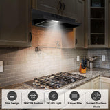 Zomagas Under Cabinet Range Hood 30 inch, Ducted/Ductless Convertible Kitchen Stove Hood, Stainless Steel Vent Hood w/Rocker Button Control, 2 Speeds Exhaust Fan, 280CFM, Black Zomagas