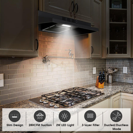 Zomagas Under Cabinet Range Hood 30 inch, Ducted/Ductless Convertible Kitchen Stove Hood, Stainless Steel Vent Hood w/Rocker Button Control, 2 Speeds Exhaust Fan, 280CFM, Black Zomagas