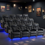 Luxury Home Theater Seating – Power Recliner with Adjustable Headrests, Blue LED Ambient Lighting, Tray Table, USB & Type-C Charging (4 Seat) CALIVIA