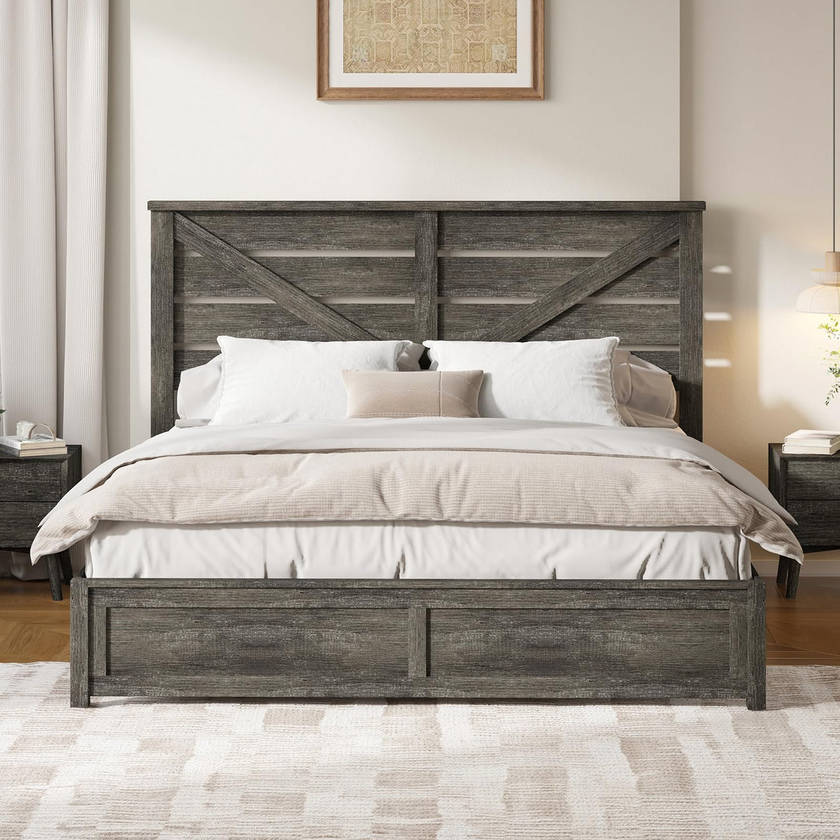 LUXOAK King Size Farmhouse Wooden Bed Frame, Platform Bed Frame with 49.2" Headboard/No Box Spring Needed/Noisy Free/Easy Assembly/Grey LUXOAK