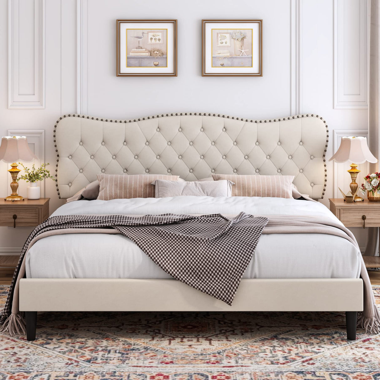 HOSTACK King Size Bed Frame, Linen Fabric Upholstered Platform with Adjustable Headboard, Diamond Tufted Mattress Foundation with Wood Slats, Easy Assembly, No Box Spring Needed, Beige HOSTACK