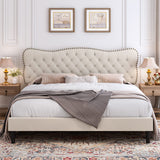HOSTACK King Size Bed Frame, Linen Fabric Upholstered Platform with Adjustable Headboard, Diamond Tufted Mattress Foundation with Wood Slats, Easy Assembly, No Box Spring Needed, Beige HOSTACK