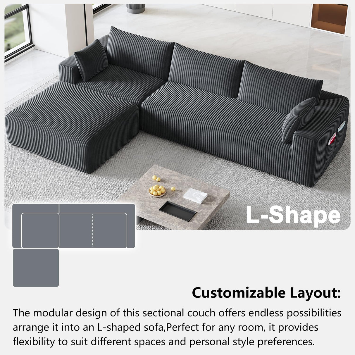 Domiqut 108”Modern Modular L-Shape Couch with Chaise, Modular Sectional Couches for Living Room, Deep Seat Boneless Sofa Bed, No Assembly Required Sleeper Sofa, Plush Corduroy Fabric, Dark Gray Domiqut