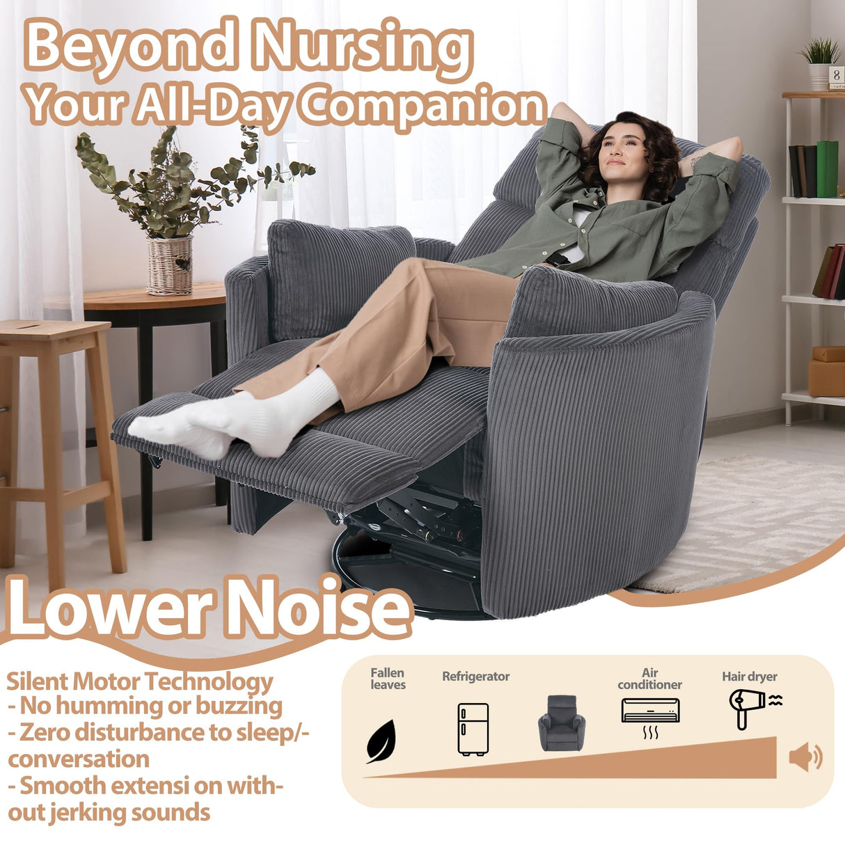 GNMLP2020 Power Swivel Glider Rocking Recliner Nursery Chair, Corduroy Rocker Recliner with USB, 2 Pillows, Barrel Armchair Single Sofa for Living Room Bedroom, Dark Grey GNMLP2020