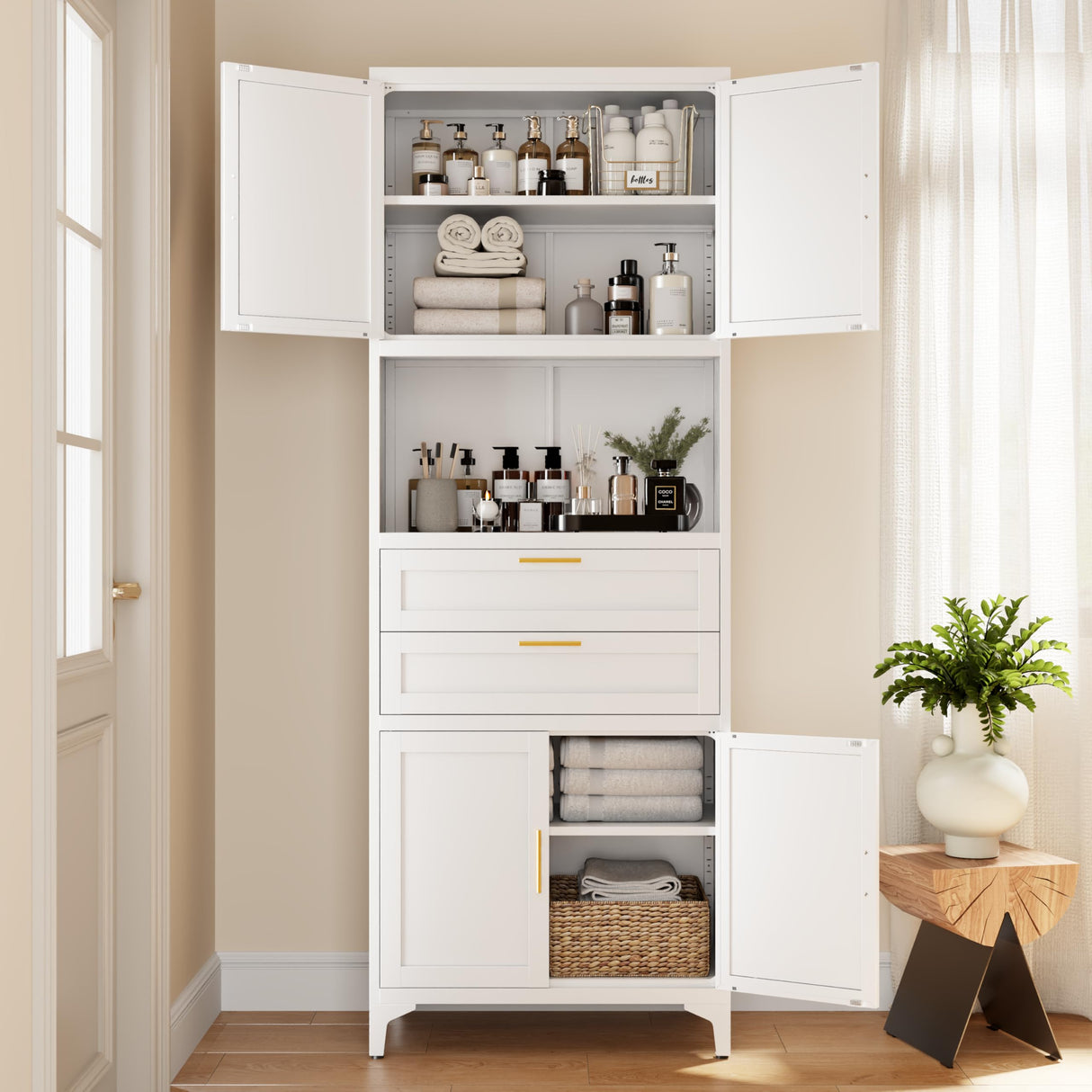 JHYKFG 75" Tall Kitchen Pantry Cabinet,Metal Storage Cabinets with 2 Drawers and Adjustable Shelves,Freestanding Display Cupboard for Dining Room,Living Room,Hallway,Bathroom,White JHYKFG