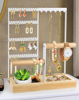 Godboat Jewelry Organizer, 4-Tier Earring Holder Organizer with 48 Holes, 6 Hooks Necklace Rack, Bracelet and Ring Stand with Wood Box, Gifts for Mothers Mom Women, Preppy Stuff & Room Decor, (White) Godboat