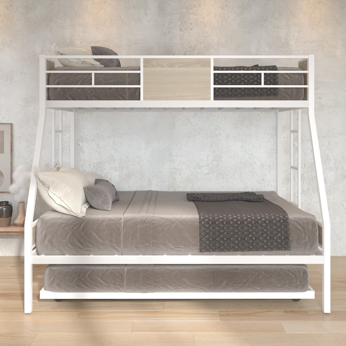 Olela Twin Over Full Metal Bunk Beds with Trundle Bed,Heavy Duty Metal Bed Frame with Safety Rail 2 Side Ladders for Boys Girls Adults,No Box Spring Needed (White Frame) Olela