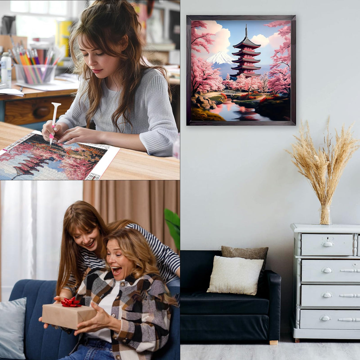 CEOVR Japan Chureito Pagoda Mt.Fuji Diamond Painting Kits, Cherry Blossoms Scenery Diamond Art Dots for Adult Beginner, 5D Full Drill DIY Crystal Gem Art, Wall Decor for Home Office 12x12in CEOVR